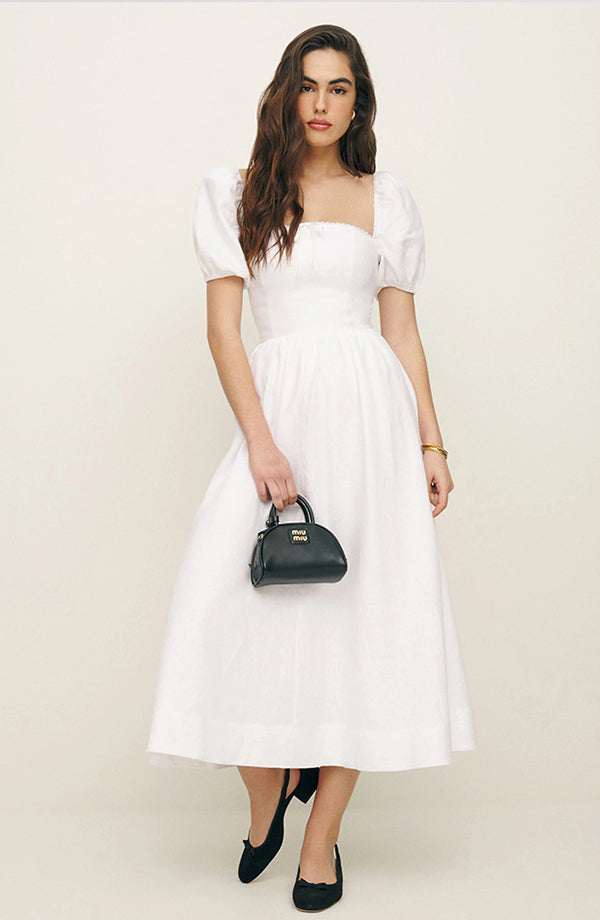 Square Neck Puff Sleeve Linen Dress