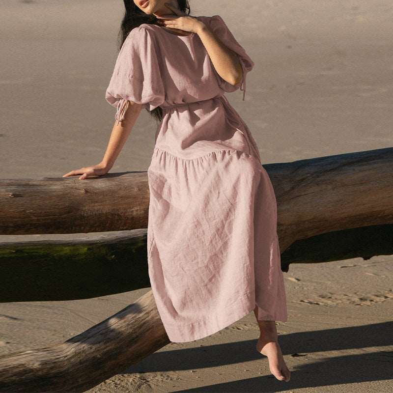 French Court Style Ramie Cotton Mermaid Skirt - Summer Gentle Wind Belted Design Lantern Sleeve Chic Midi Dress