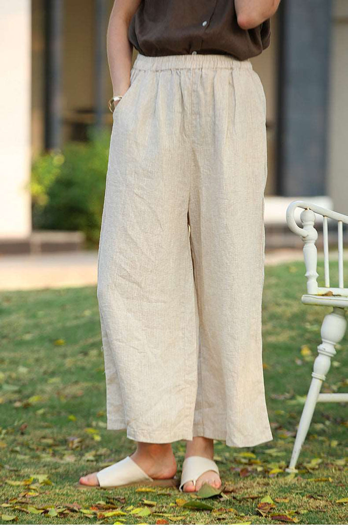 Pure Linen Artistic Cropped Pants - Summer New Solid Color Drawstring Pocket Wide Leg Pants