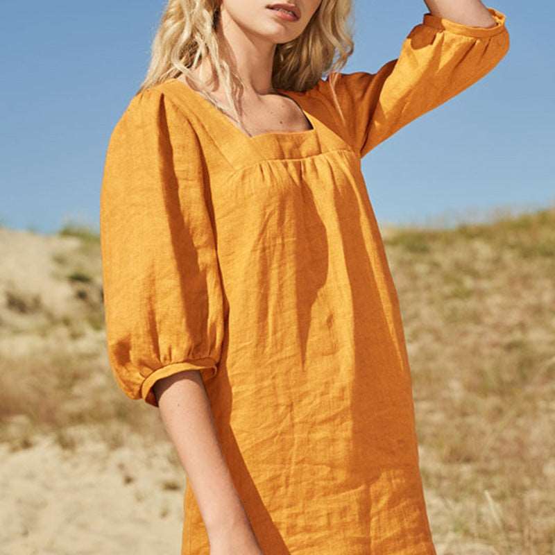 Summer New French Square Neck Cotton Linen Dress - Simple Style Bubble Sleeve Slim Short Dress for Women