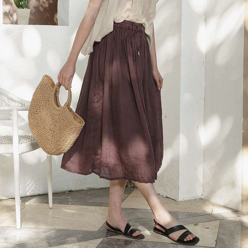 Cotton Linen Skirt - High Thread Count Elastic Waist Half Skirt for Spring and Summer