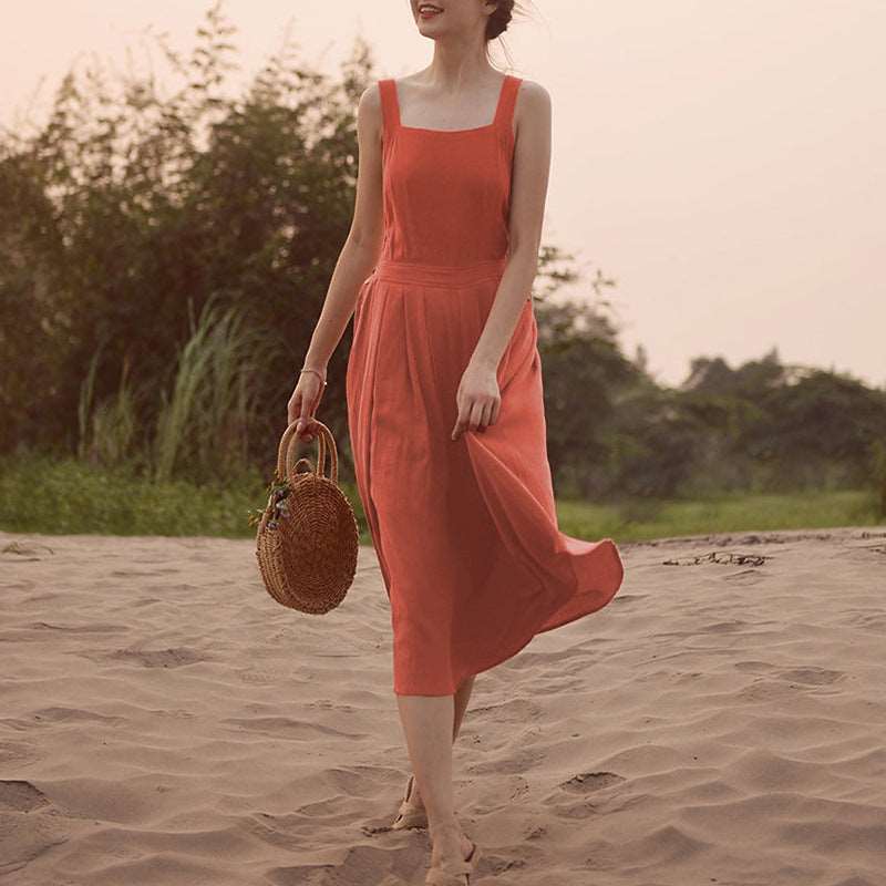 Linen Cotton Suspenders Dress - Vacation Style Adjustable Strap Backless Women's Dress