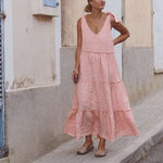 Load image into Gallery viewer, Summer French vintage V-neck linen dress with puff sleeves, perfect for a chic and breezy look
