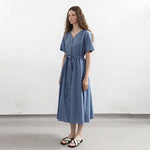 Load image into Gallery viewer, Linen Cotton Short Sleeve A-Line Dress - V-Neck, Elegant Single Row Button Long Dress
