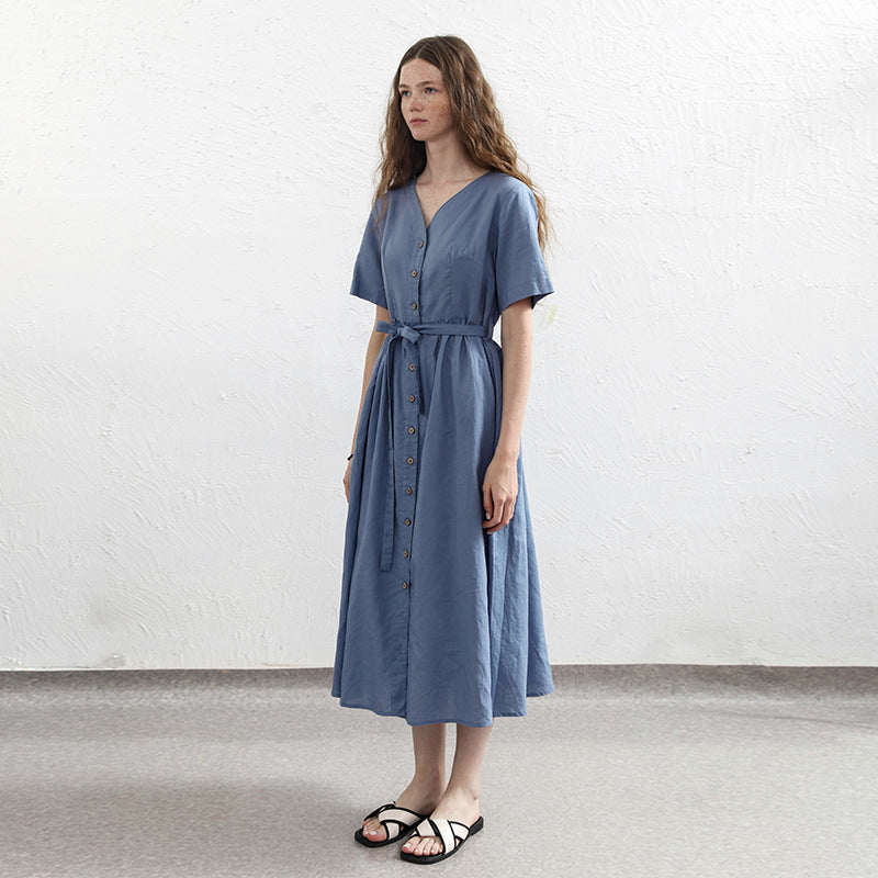 Linen Cotton Short Sleeve A-Line Dress - V-Neck, Elegant Single Row Button Long Dress