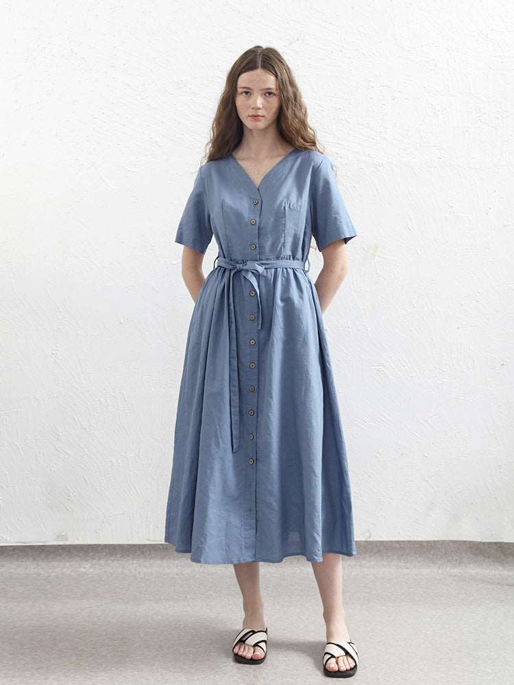 Linen Cotton Short Sleeve A-Line Dress - V-Neck, Elegant Single Row Button Long Dress