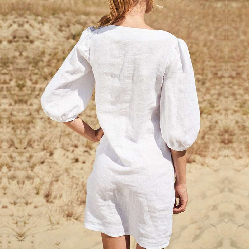 Summer New French Square Neck Cotton Linen Dress - Simple Style Bubble Sleeve Slim Short Dress for Women