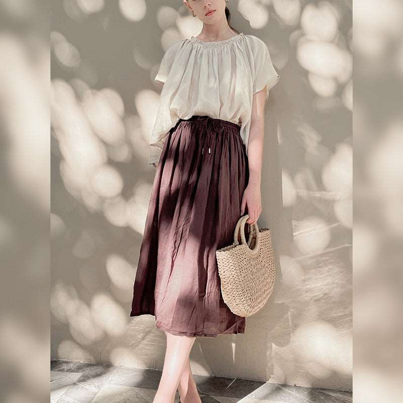 Cotton Linen Skirt - High Thread Count Elastic Waist Half Skirt for Spring and Summer