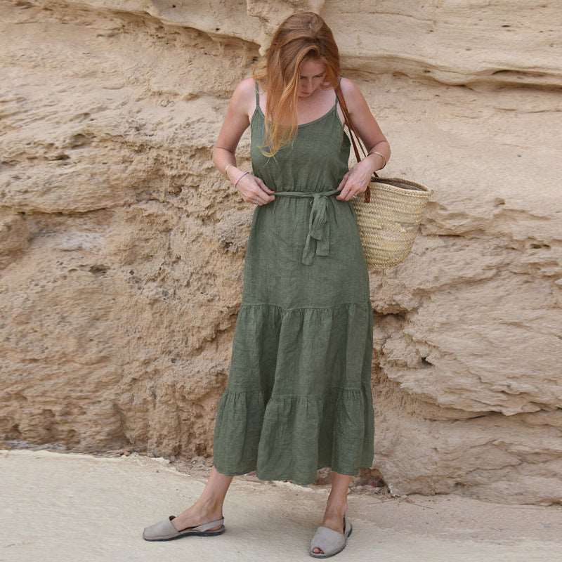 Cotton Linen Spaghetti Strap Dress - Casual Vacation Style Patchwork Design Sleeveless Maxi Dress for Women