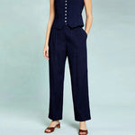 Load image into Gallery viewer, Vintage Linen Suit - Blue Sleeveless Button-Up Top + Casual Straight Leg Pants
