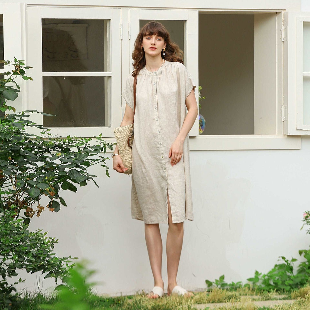 Summer Pure Linen Short Sleeve Dress - Ruched Drop Shoulder Simple Design