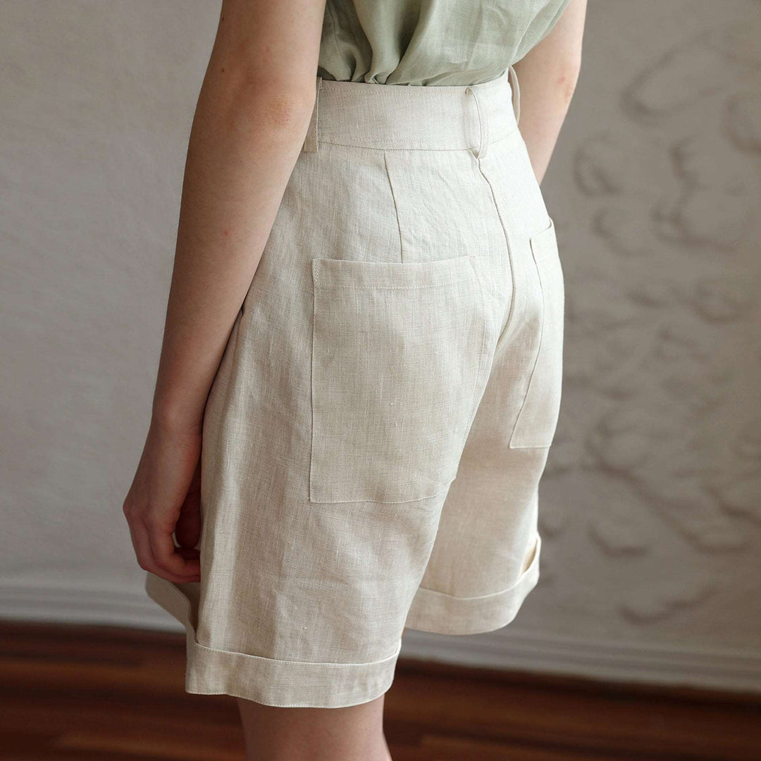 Summer French vintage V-neck linen dress with puff sleeves, perfect for a chic and breezy look