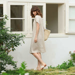 Load image into Gallery viewer, Summer Pure Linen Short Sleeve Dress - Ruched Drop Shoulder Simple Design
