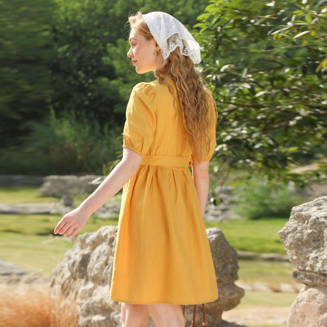 Sweet & Cute Linen Dress with Puff Sleeves