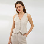 Load image into Gallery viewer, Vintage Linen Suit - Blue Sleeveless Button-Up Top + Casual Straight Leg Pants
