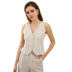 Load image into Gallery viewer, Vintage Linen Suit - Blue Sleeveless Button-Up Top + Casual Straight Leg Pants
