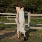 Load image into Gallery viewer, VIENI&#39;s Tencel-linen maxi dress with elegant draping, perfect for summer
