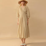 Load image into Gallery viewer, V-Neck Wrap Tie Dress - French Casual Style Pure Cotton Design Bubble Sleeve Midi Dress
