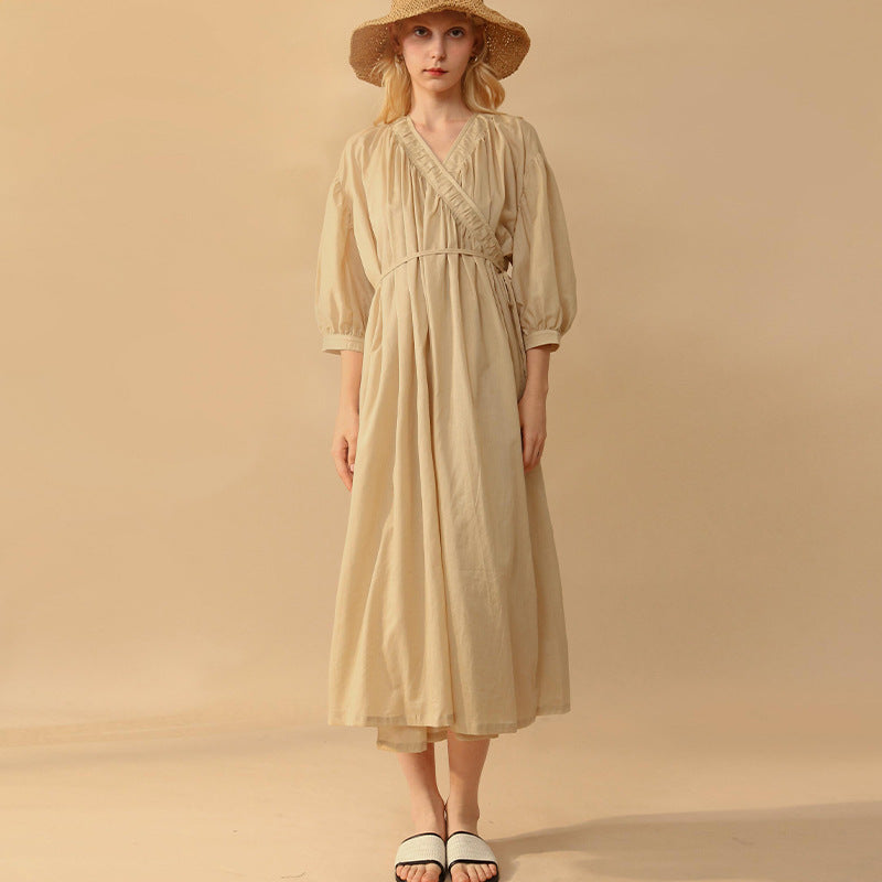 V-Neck Wrap Tie Dress - French Casual Style Pure Cotton Design Bubble Sleeve Midi Dress