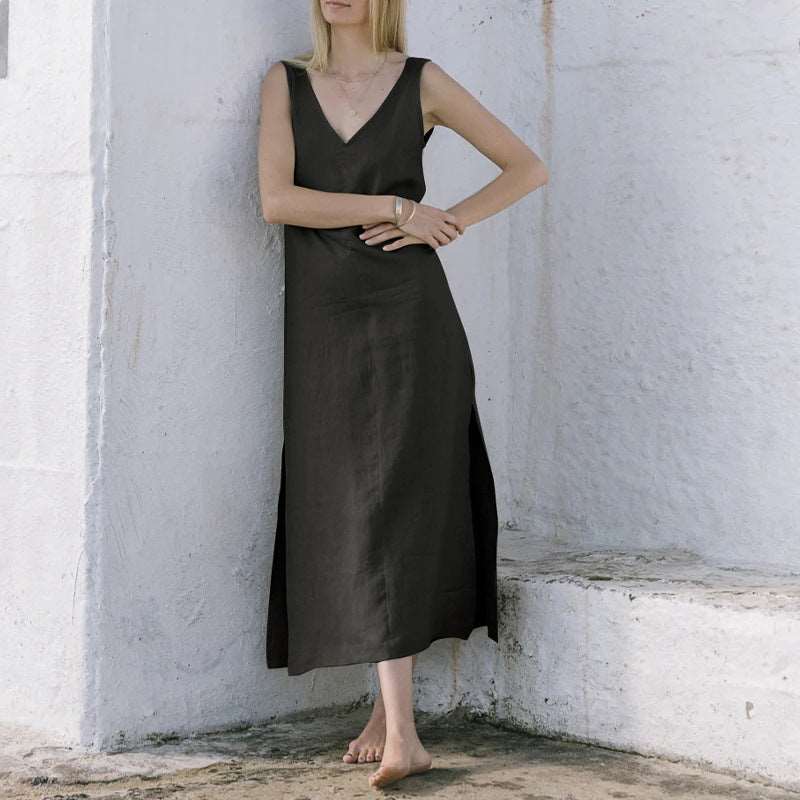 Summer French vintage V-neck linen dress with puff sleeves, perfect for a chic and breezy look