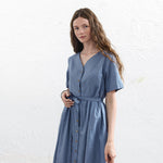 Load image into Gallery viewer, Linen Cotton Short Sleeve A-Line Dress - V-Neck, Elegant Single Row Button Long Dress
