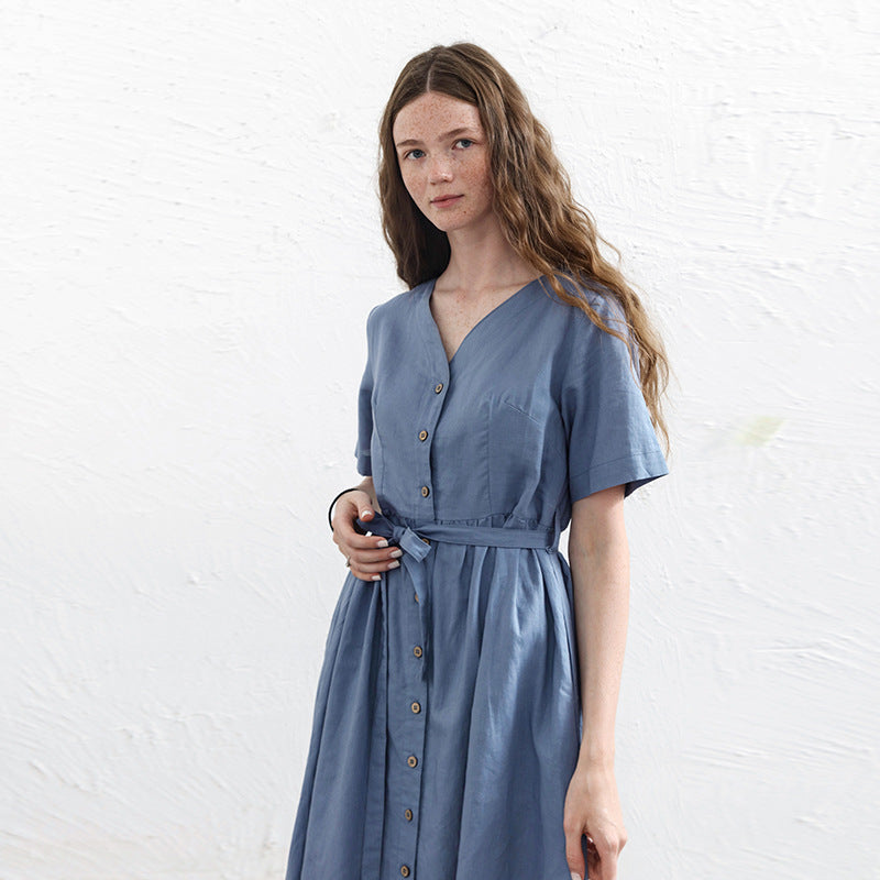 Linen Cotton Short Sleeve A-Line Dress - V-Neck, Elegant Single Row Button Long Dress