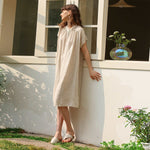 Load image into Gallery viewer, Summer Pure Linen Short Sleeve Dress - Ruched Drop Shoulder Simple Design
