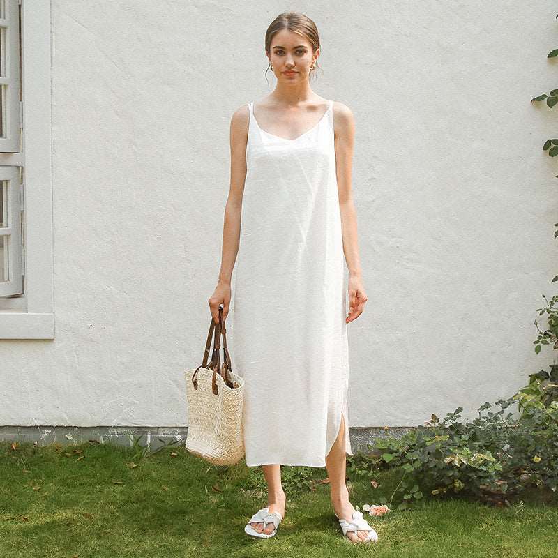 Double Strap Backless Slip Dress - Lightweight Breathable Ramie Cotton Nightgown Underdress