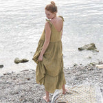 Load image into Gallery viewer, Summer French vintage V-neck linen dress with puff sleeves, perfect for a chic and breezy look
