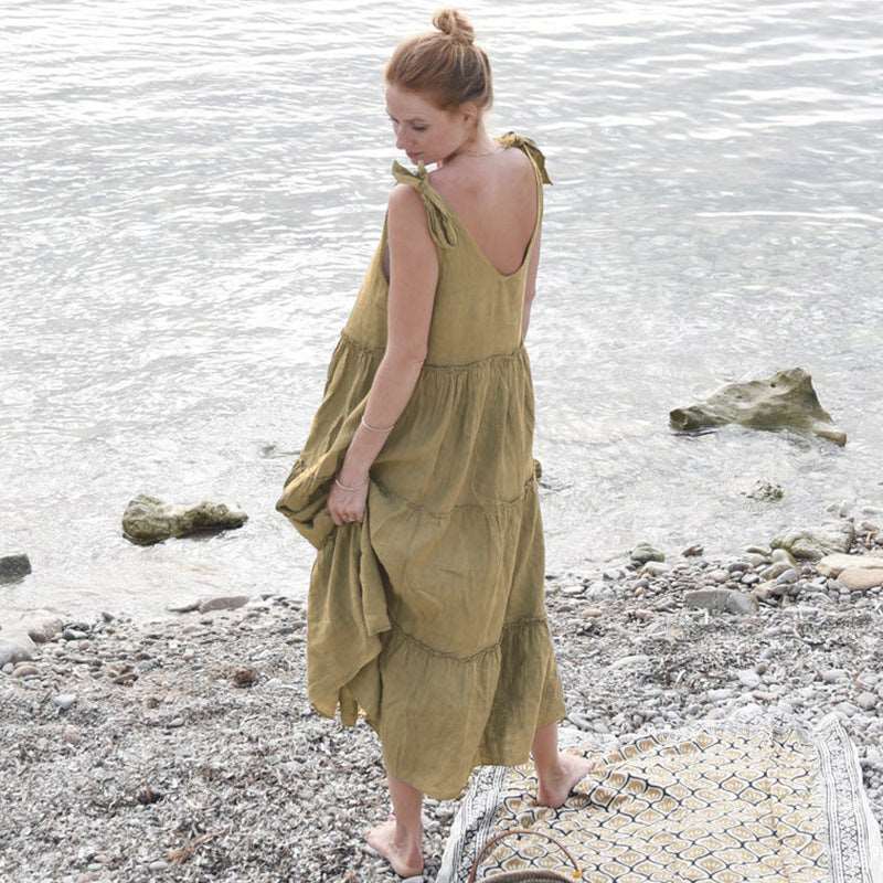 Summer French vintage V-neck linen dress with puff sleeves, perfect for a chic and breezy look