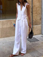 Load image into Gallery viewer, Vintage Linen Suit - Blue Sleeveless Button-Up Top + Casual Straight Leg Pants
