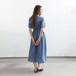 Load image into Gallery viewer, Linen Cotton Short Sleeve A-Line Dress - V-Neck, Elegant Single Row Button Long Dress
