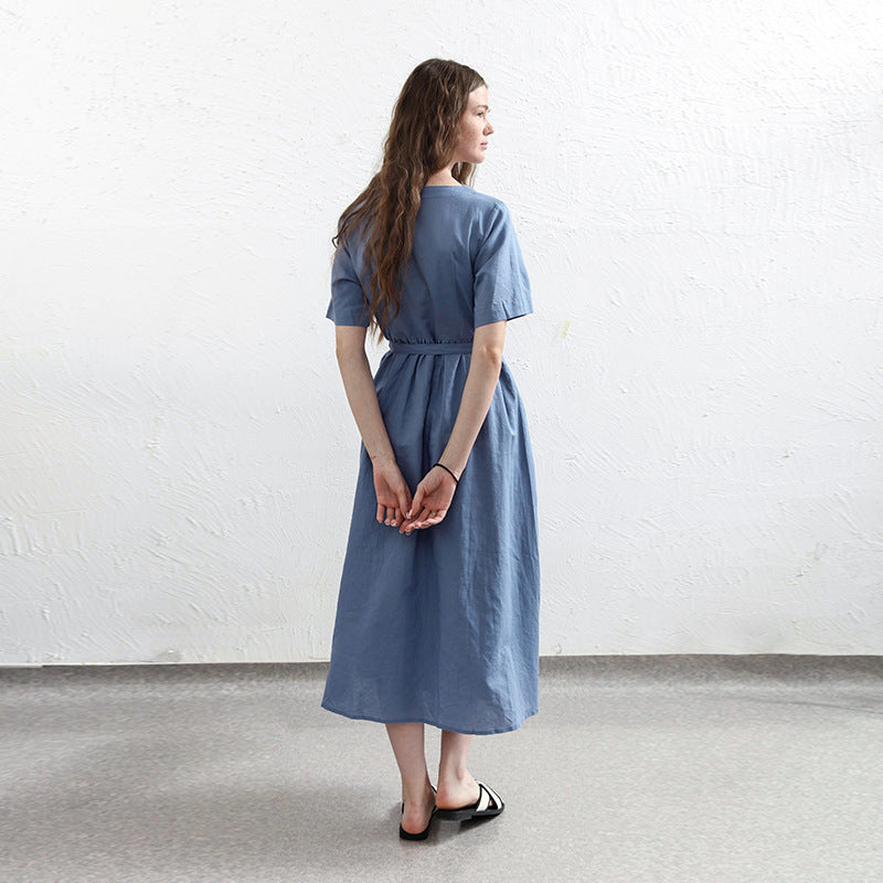 Linen Cotton Short Sleeve A-Line Dress - V-Neck, Elegant Single Row Button Long Dress