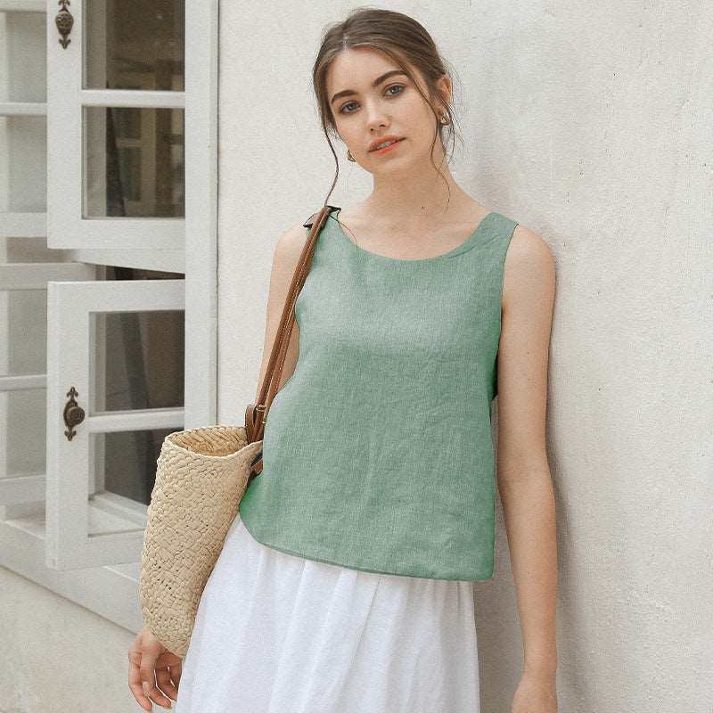 Women's linen tank top with open back from VIENI, ideal for warm weather fashion