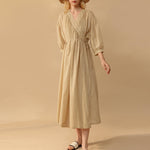 Load image into Gallery viewer, V-Neck Wrap Tie Dress - French Casual Style Pure Cotton Design Bubble Sleeve Midi Dress
