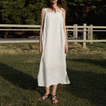 Load image into Gallery viewer, VIENI&#39;s Tencel-linen maxi dress with elegant draping, perfect for summer
