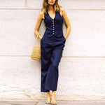 Load image into Gallery viewer, Vintage Linen Suit - Blue Sleeveless Button-Up Top + Casual Straight Leg Pants
