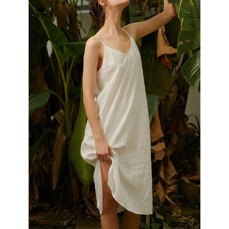 21s Pure Linen Sling Dress - Minimalist Underdress Vacation Style Cotton Linen Home Sleep Dress Tank Dress