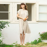 Load image into Gallery viewer, Summer Pure Linen Short Sleeve Dress - Ruched Drop Shoulder Simple Design
