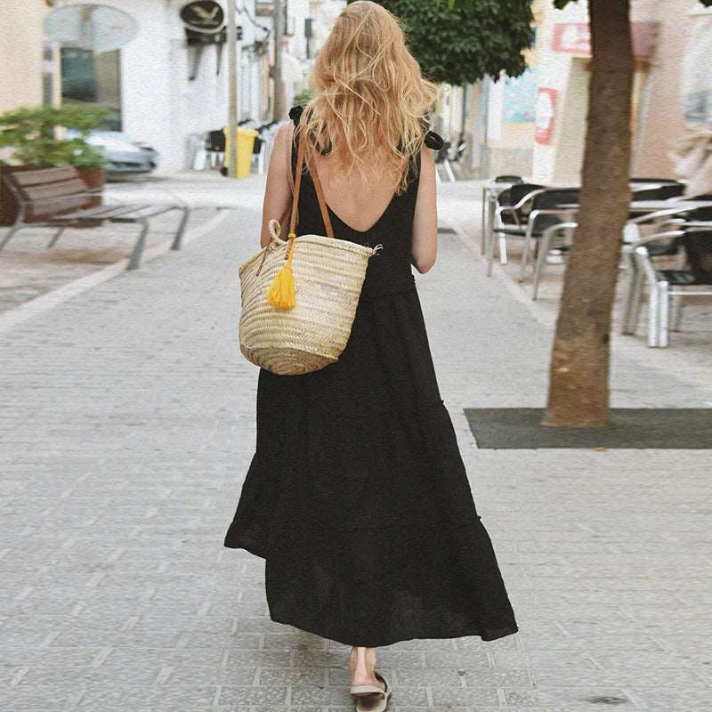 Summer French vintage V-neck linen dress with puff sleeves, perfect for a chic and breezy look