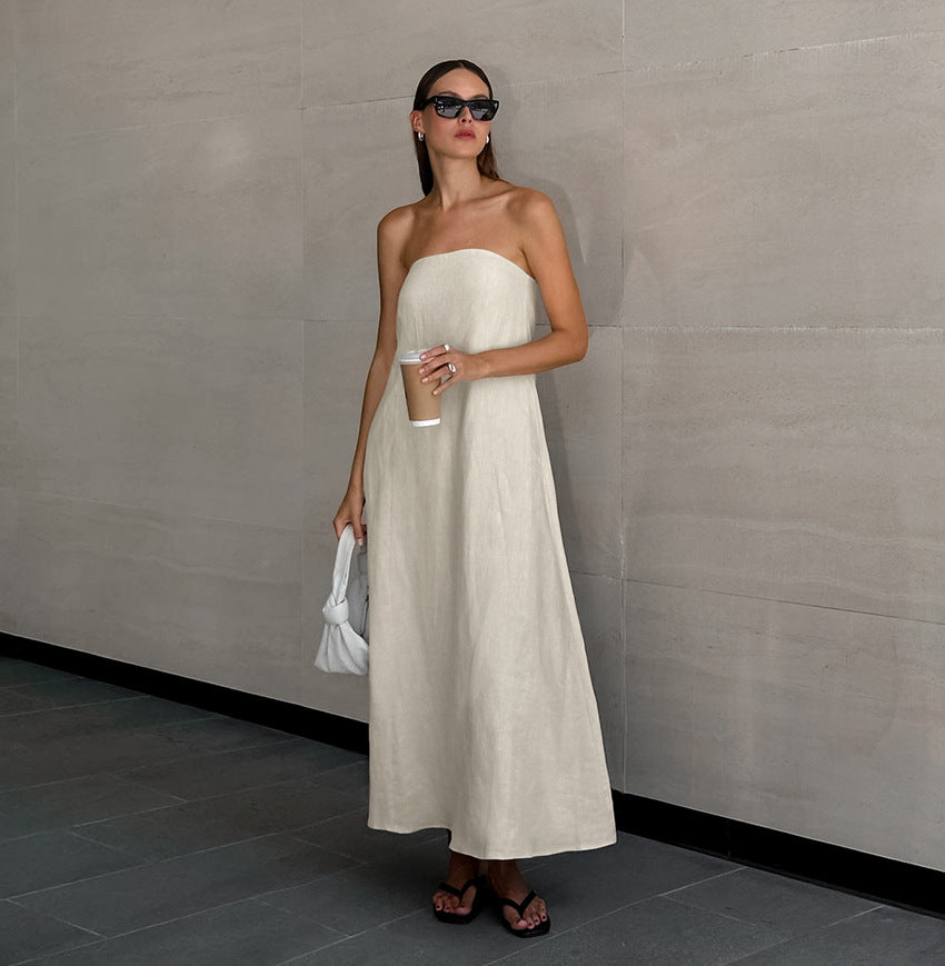 Cotton Linen Strapless A-Line Dresses