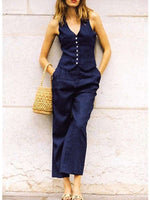 Load image into Gallery viewer, Vintage Linen Suit - Blue Sleeveless Button-Up Top + Casual Straight Leg Pants
