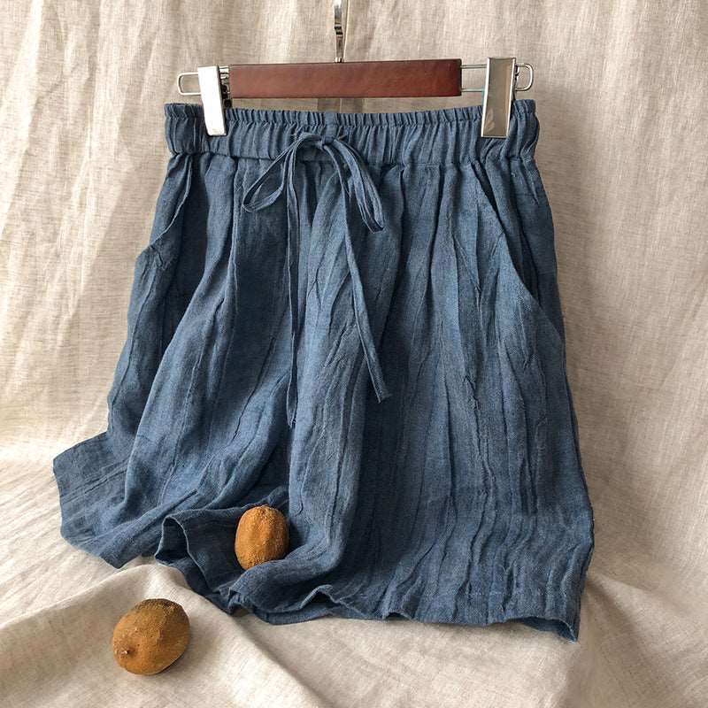 Summer Pure Linen High-End Short Pants with Heavy Washed Craft Elastic Waist Casual Capri Pants