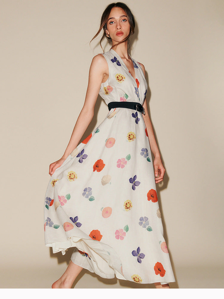 Summer Floral Linen Maxi Dress