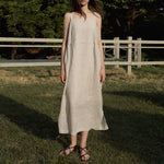 Load image into Gallery viewer, VIENI&#39;s Tencel-linen maxi dress with elegant draping, perfect for summer
