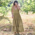 Load image into Gallery viewer, Summer French vintage V-neck linen dress with puff sleeves, perfect for a chic and breezy look
