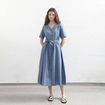 Load image into Gallery viewer, Linen Cotton Short Sleeve A-Line Dress - V-Neck, Elegant Single Row Button Long Dress
