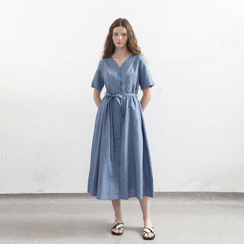 Linen Cotton Short Sleeve A-Line Dress - V-Neck, Elegant Single Row Button Long Dress