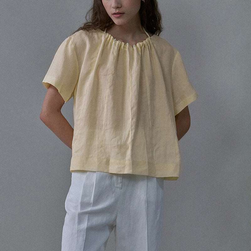 Pure Cotton Solid Color Halter Top - Round Neck, Drop Shoulder Short Sleeve Women's Fashion Button-Up Blouse