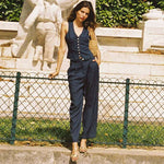 Load image into Gallery viewer, Vintage Linen Suit - Blue Sleeveless Button-Up Top + Casual Straight Leg Pants
